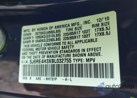 2011 Honda Cr-V Lx from USA, damaged, VIN 5J6RE4H3XBL032755